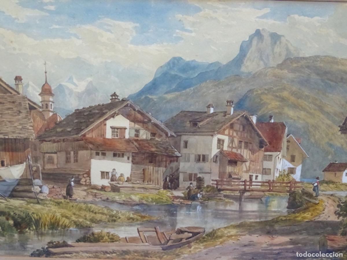 Arte: ACUARELA WILLIAN COLLINGWOOD SMITH (1815-1903) ACUARELISTA INGL&Eacute;S. &ldquo;PUEBLO SUIZO&rdquo;