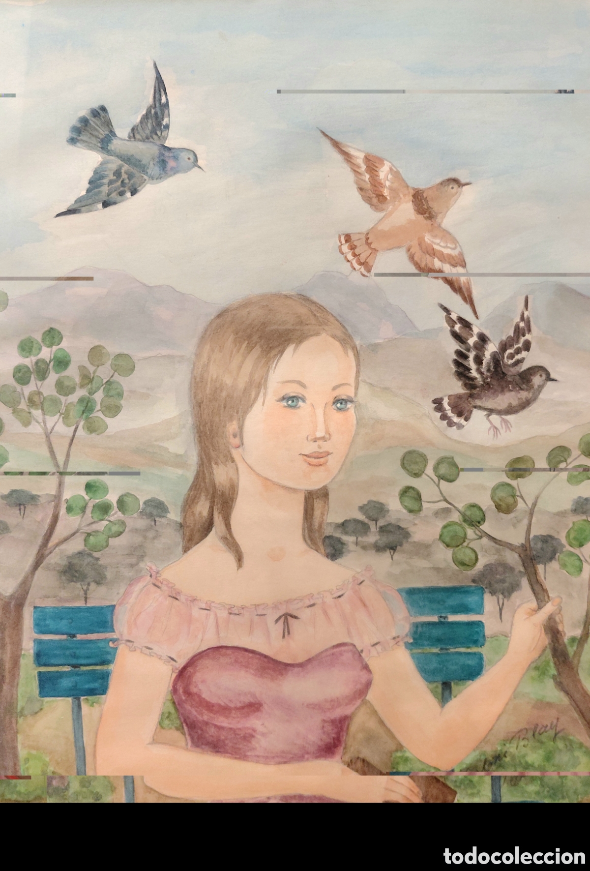Arte: Firmado Blay (s.XX). Ni&ntilde;a con p&aacute;jaros, acuarela sobre papel.
