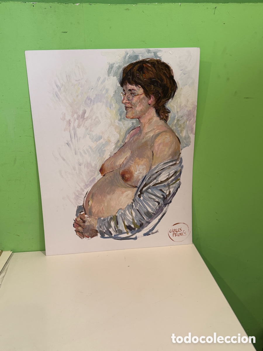 Arte: Carles Prun&eacute;s (1937-2017) &ndash; Desnudo femenino embarazada, firmado. &Oacute;leo sobre papel