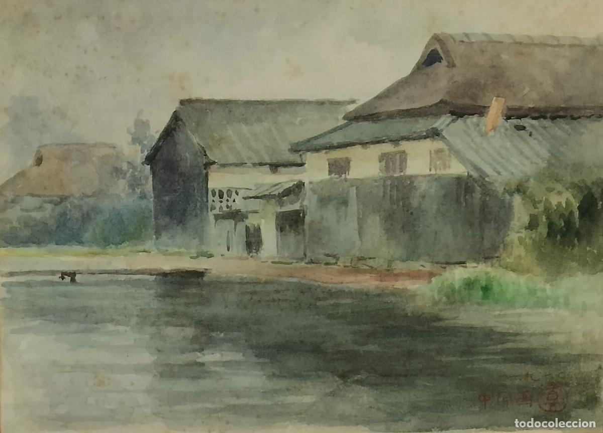 Arte: PAISAJE RURAL CON CASAS A LA ORILLA DEL LAGO. ACUARELA SOBRE PAPEL. ESCUELA JAPONESA. SIGLOS XIX-XX