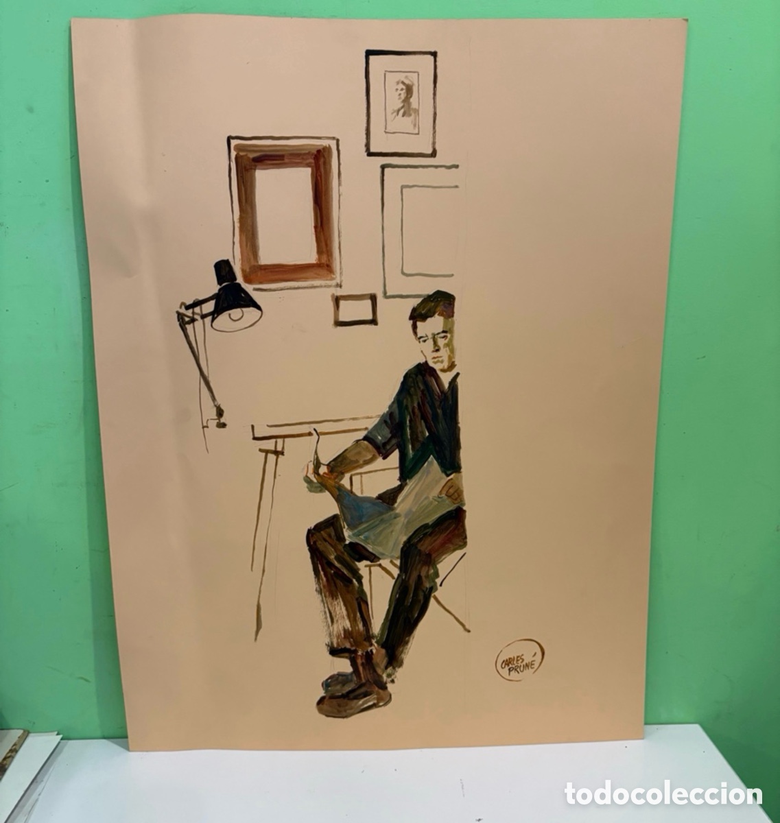 Arte: Carles Prun&eacute;s (1937-2017) &ndash; Escena de interior con figura leyendo, &oacute;leo sobre papel firmado