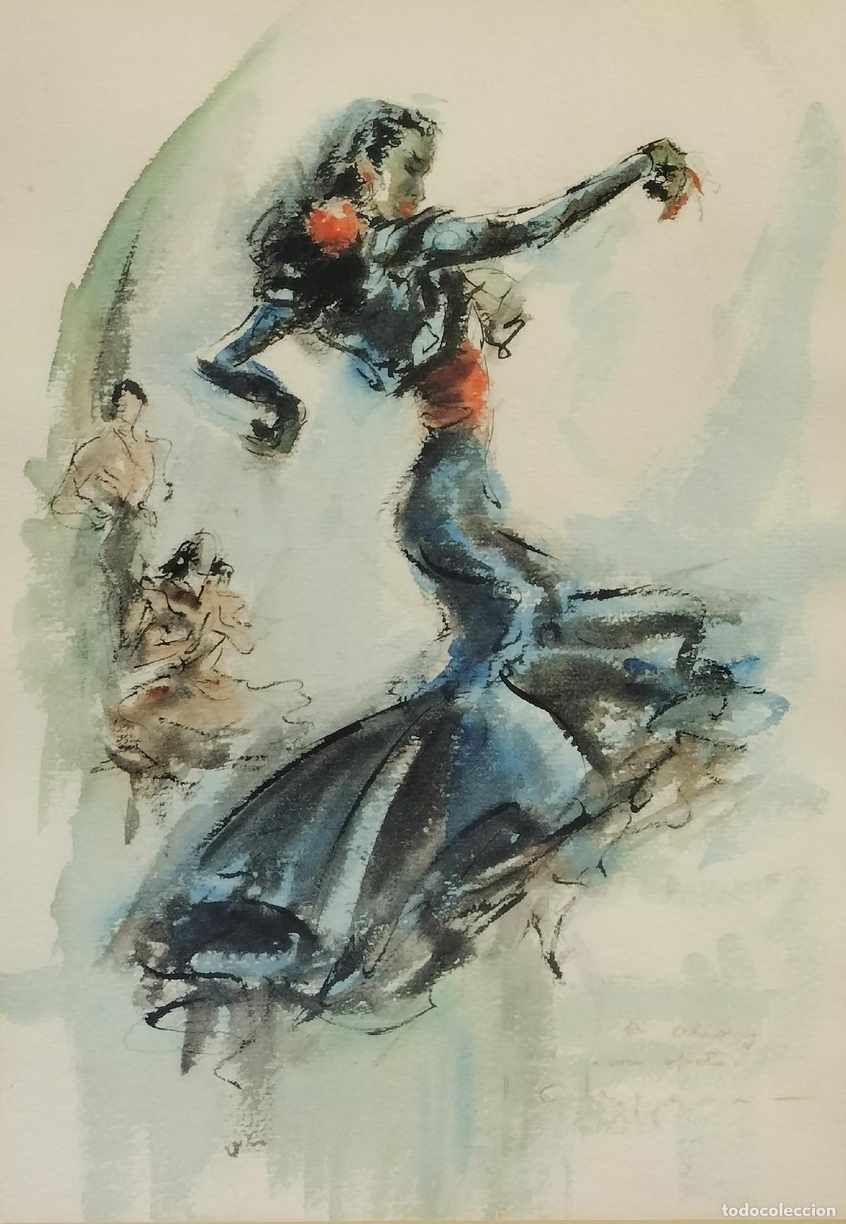 Arte: LA BAILADORA DE FLAMENCO. PERE CLAPERA ARGELAGUER. ACUARELA SOBRE PAPEL. ESPA&Ntilde;A. SIGLO XX.