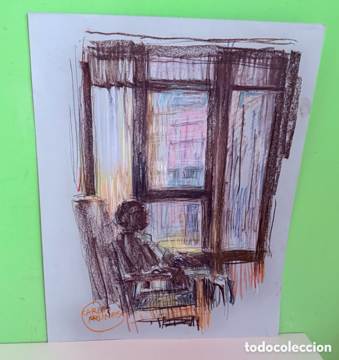 Art: Carles Prun&eacute;s (1937-2017) &ndash; Obra expresionista, figura junto a la ventana (50 x 65 cm)