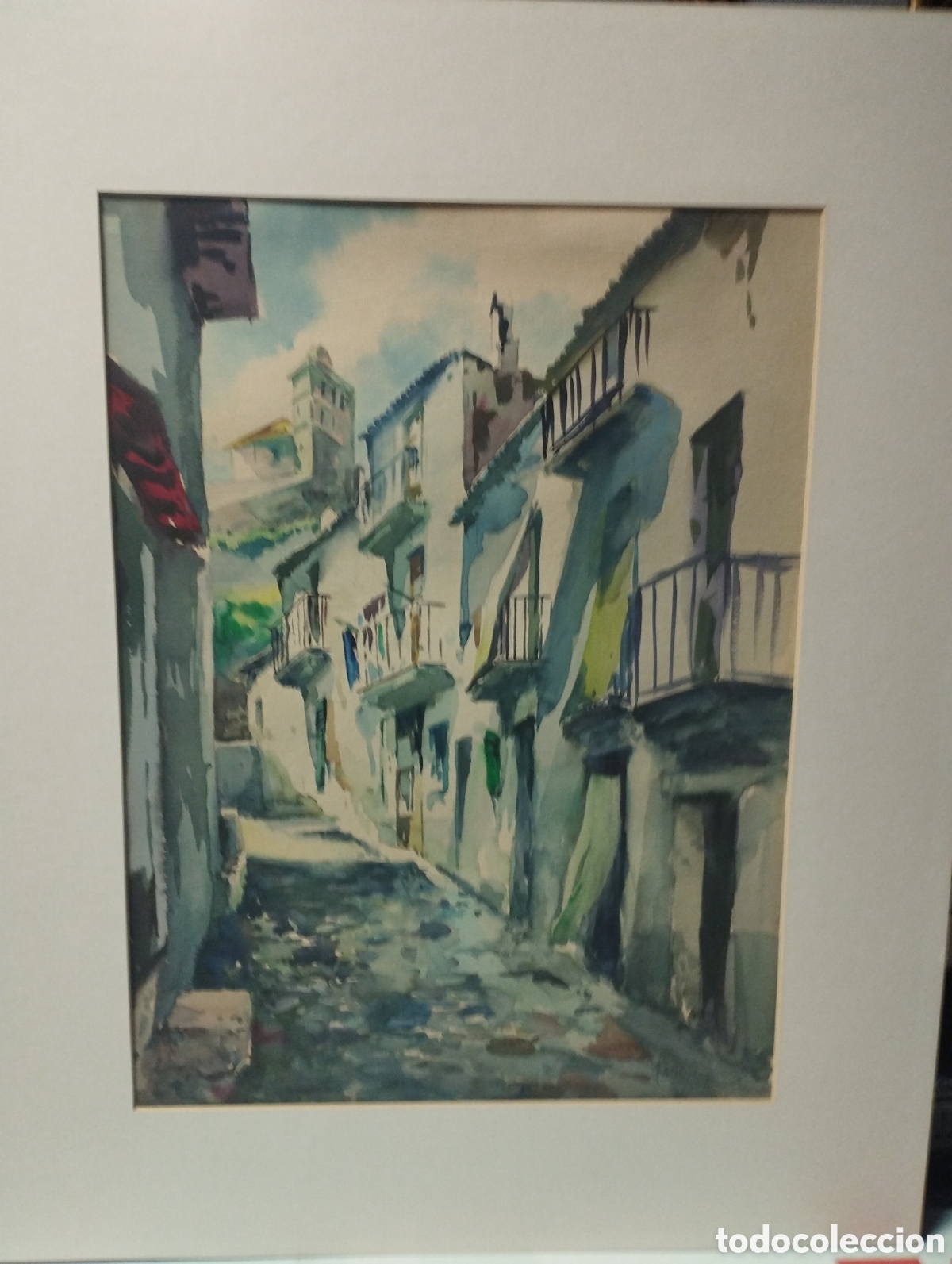 Arte: ACUARELA, PAISAJE DE PUEBLO CON CASTILLO AL FONDO, FIRMA ILEGIBLE. MEDIDAS 36X47 CM.