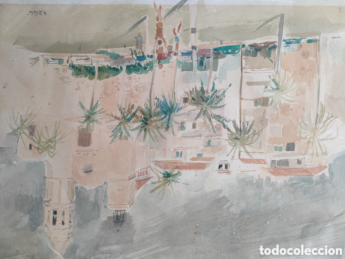 Arte: Maria Dolores Rubi&oacute; (Barcelona 1953) acuarela original vista de Sitges