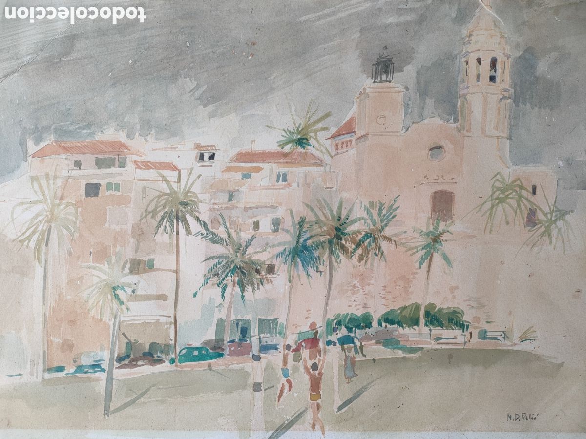 Arte: Maria Dolores Rubi&oacute; (Barcelona 1953) acuarela original vista de Sitges
