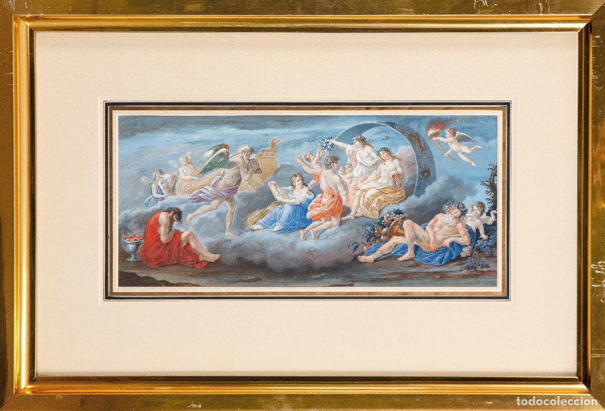 Arte: Escena mitol&oacute;gica guache sobre papel siguiendo modelos de Guido Reni escuela italiana de siglo XVIII