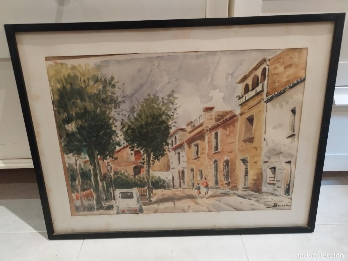 Arte: Antiguo cuadro acuarela, pintado original firmado rabassa. Plaza calle de Vilassar de dalt.