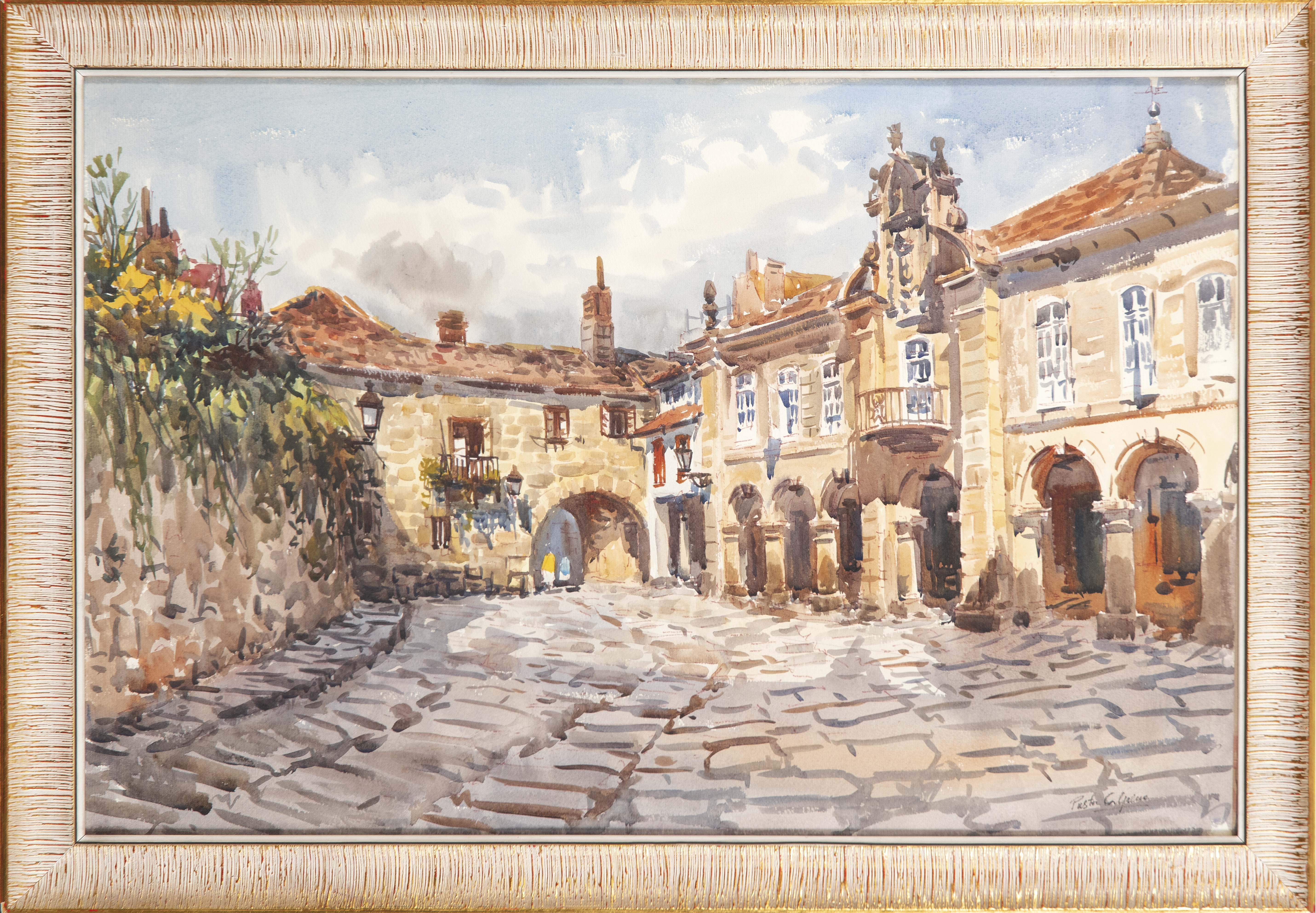 Arte: Vista Plaza Mayor castellana acuarela sobre papel Vicente Pastor Calpena firmada siglo XX