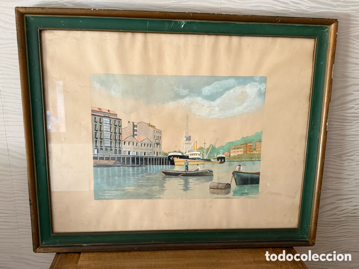 Arte: A.IBA&Ntilde;EZ. ( 1957). ACUARELA. Puerto del Norte de Espa&ntilde;a. Escuela Vasca