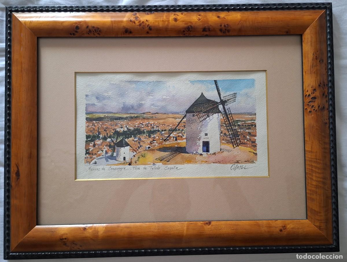 Arte: Acuarela ORIGINAL de Daniel C&iacute;fani. Molinos de Consuegra (Toledo)