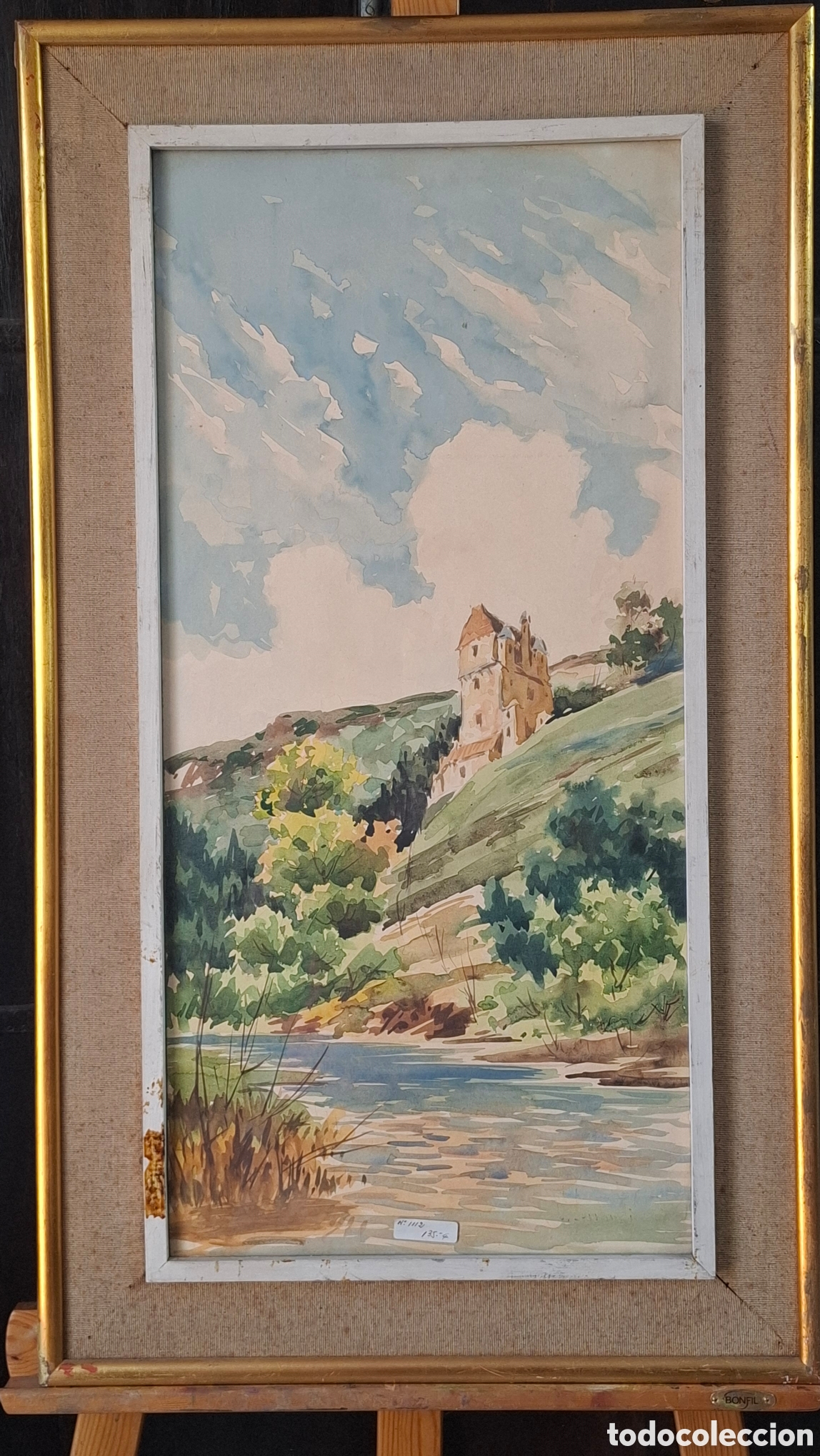 Arte: PRECIOSA ACUARELA FIRMA ILEGIBLE. PAISAJE CON RIO. Medida acuarela 70x33 aprox. Total 85x49
