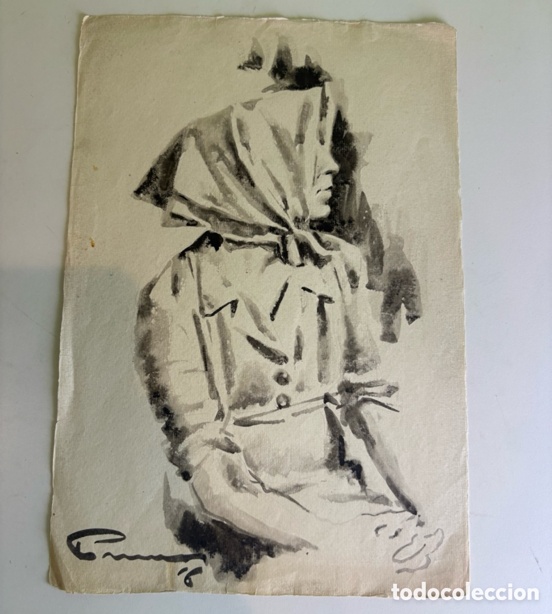 Arte: Carles Prun&eacute;s (1937-2017) &ndash; Acuarela de campesina con pa&ntilde;uelo, firmada