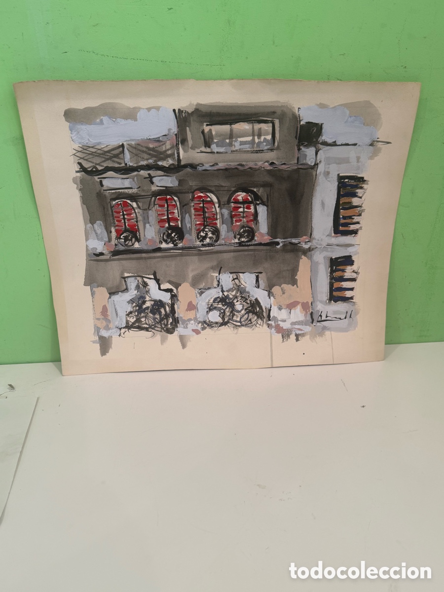 Arte: Acuarela de escena urbana con balcones sobre papel. Autor&iacute;a a identificar. Siglo XX