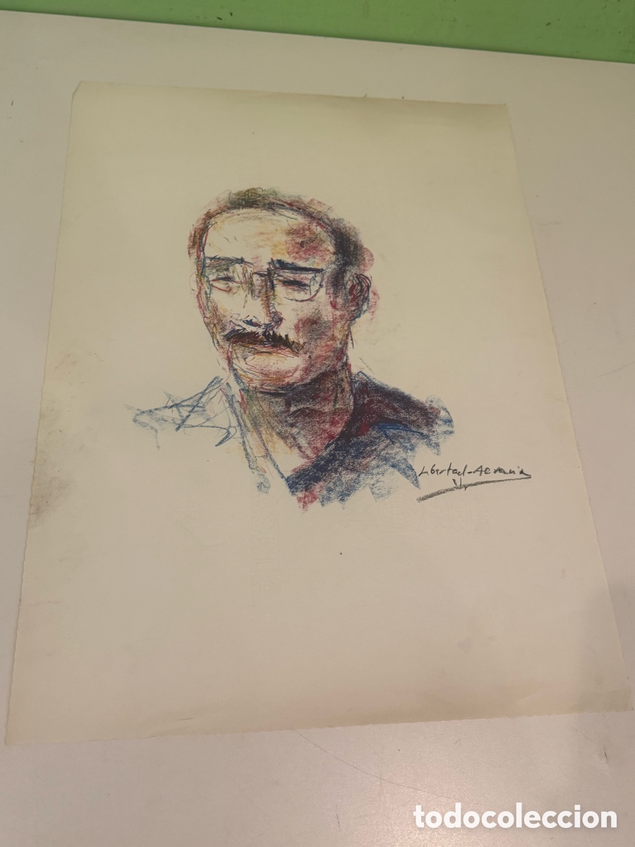 Arte: Retrato masculino sobre papel. Firma a identificar. 34 &times; 47 cm