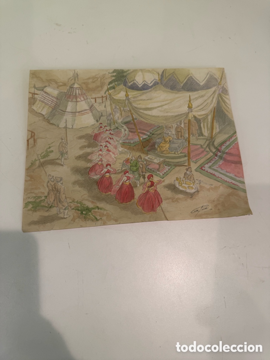 Arte: Acuarela original orientalista dedicada a Carles Prun&eacute;s. Firmada (28 &times; 22 cm)