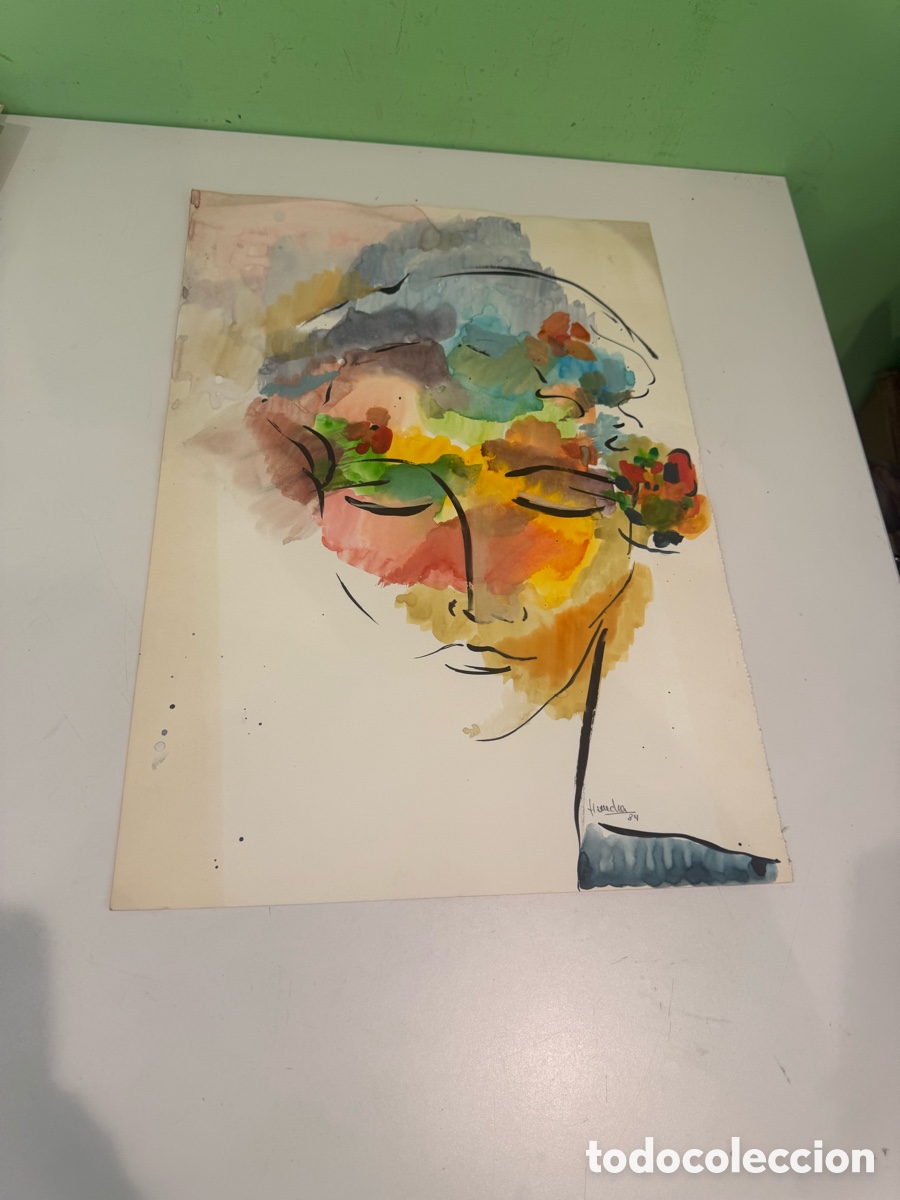Arte: Acuarela original firmada y fechada (1984), dedicada a Carles Prun&eacute;s &ndash; Retrato femenino &ndash; 35 &times; 50 cm