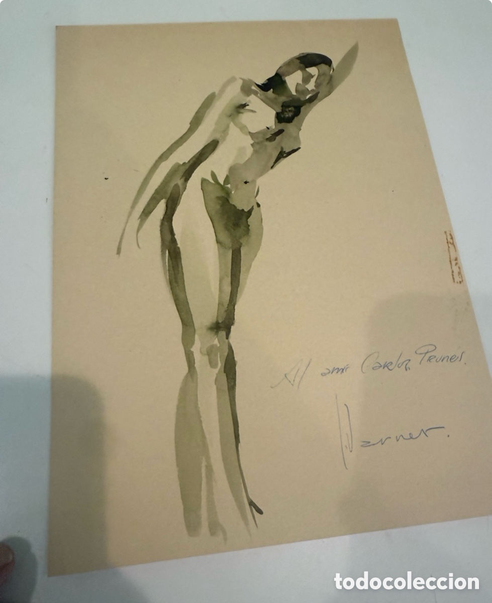 Arte: Acuarela original de desnudo femenino dedicada a Carles Prun&eacute;s &ndash; Firma a identificar