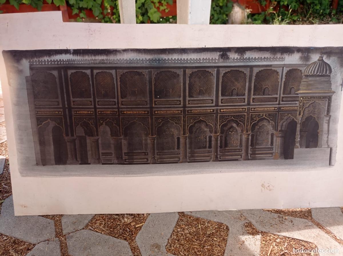 Arte: Acuarela dibujo en frisalla y dorado templo hind&uacute; 32x61,5cms
