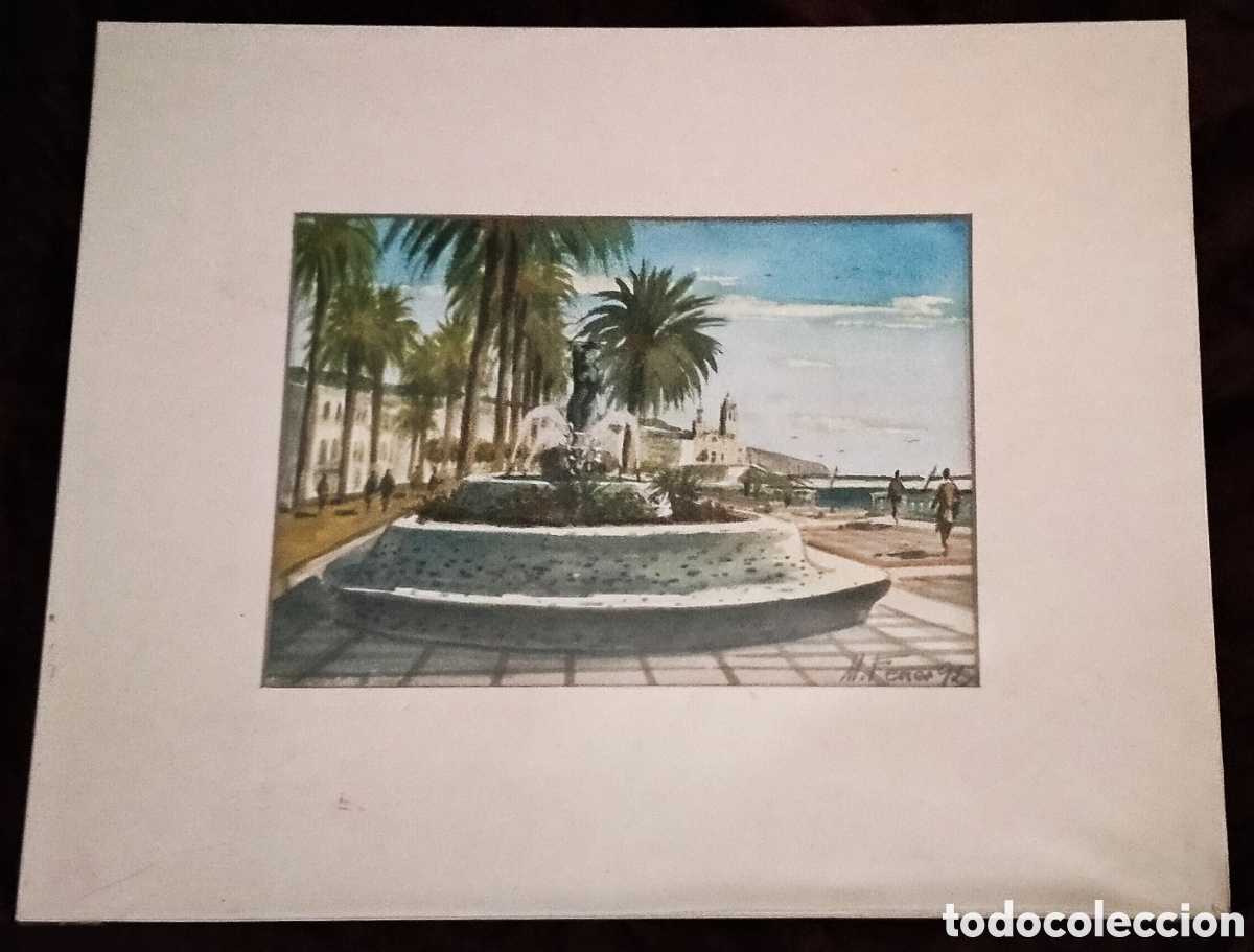 Arte: ACUARELA / (IMPRESIONISMO). * PASEO DE LA RIBERA *. SITGES (Barcelona). FDA.: M. FERRER. A&ntilde;o 1992