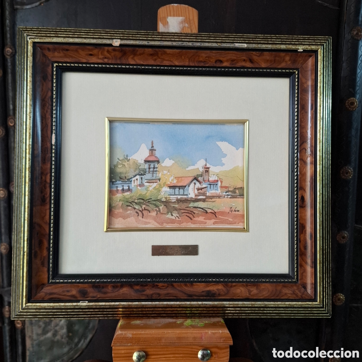 Arte: ACUARELA ENMARCADA PAISAJE DE PUEBLO. FIRMADA. Medida total con marco 32x29. Medida Acuarela 14x11ap