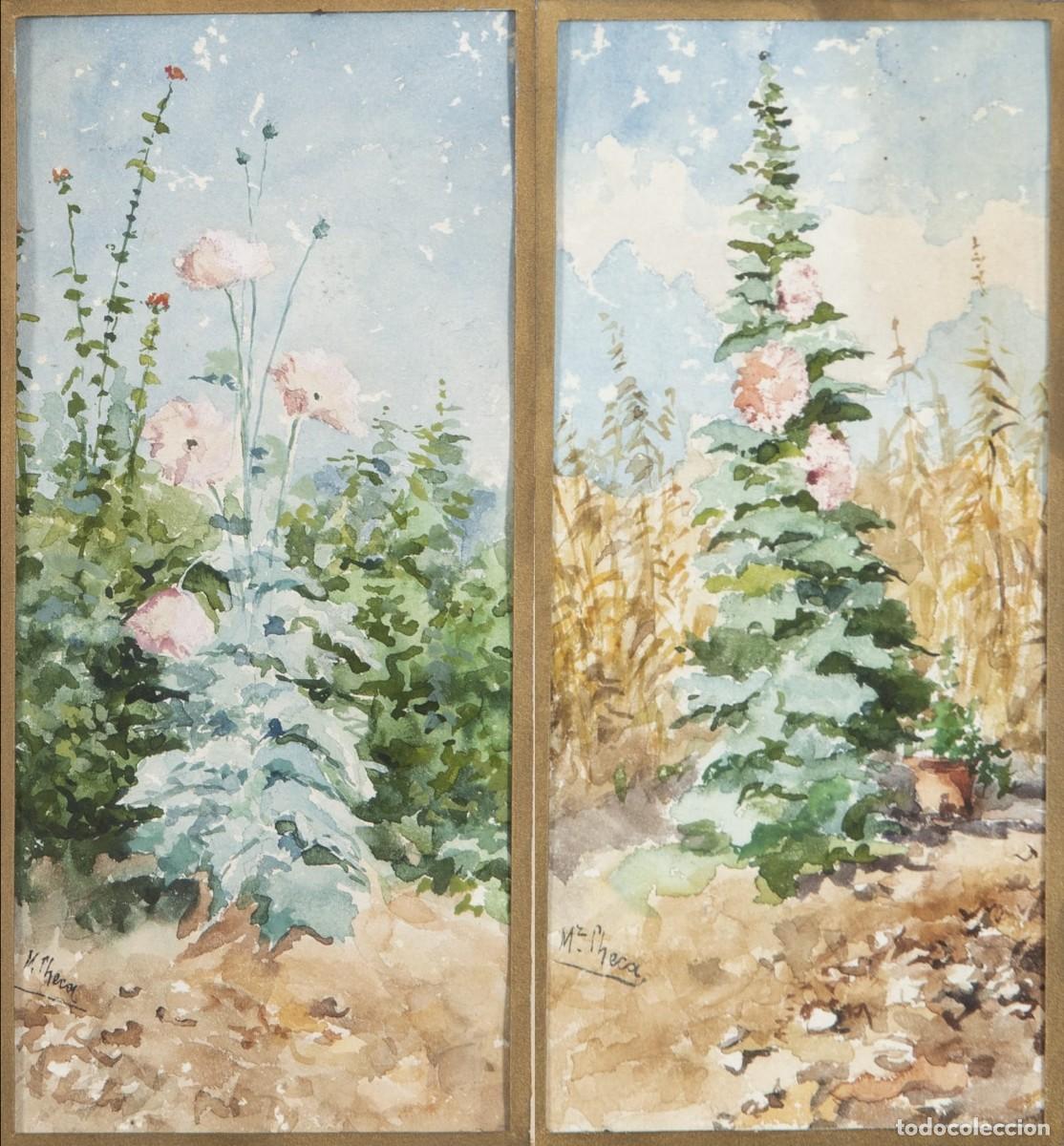 Arte: Flores pareja de acuarelas sobre papel Fernando Mart&iacute;nez Checa finales del siglo XIX