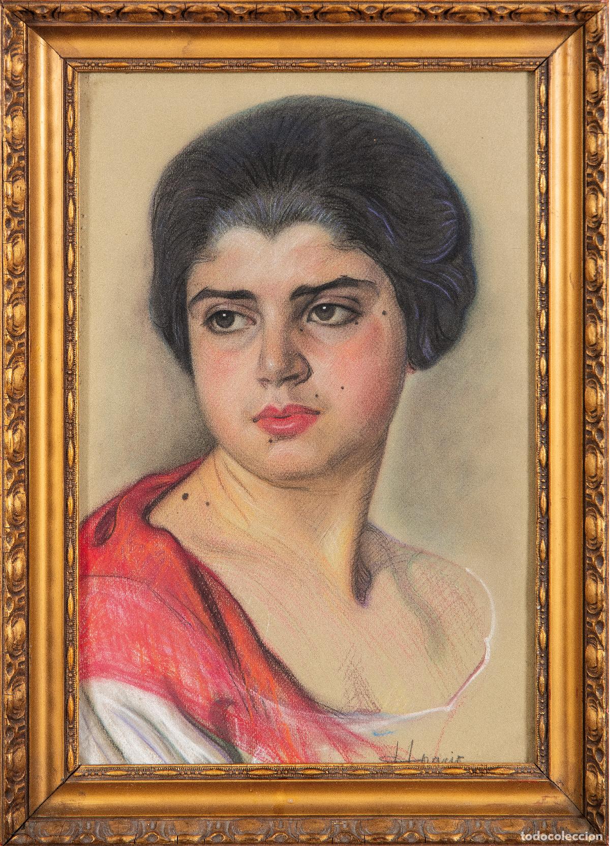 Arte: Retrato femenino pastel sobre papel Horacio Renter&iacute;a Rocha M&eacute;xico mediados del siglo XX