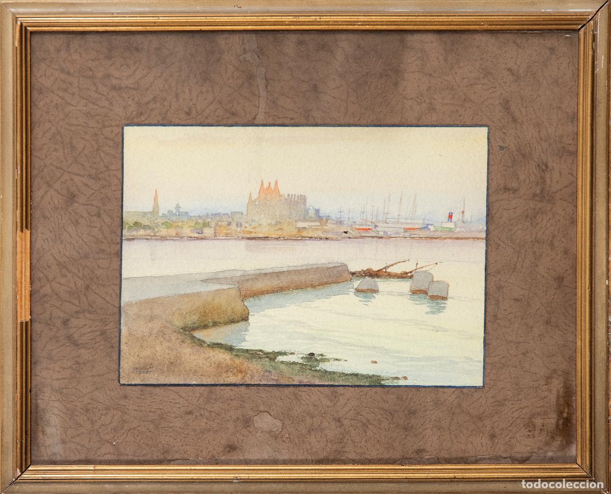 Arte: Vista de Palma de Mallorca catedral desde el puerto acuarela sobre papel Erwin Hubert siglo XX