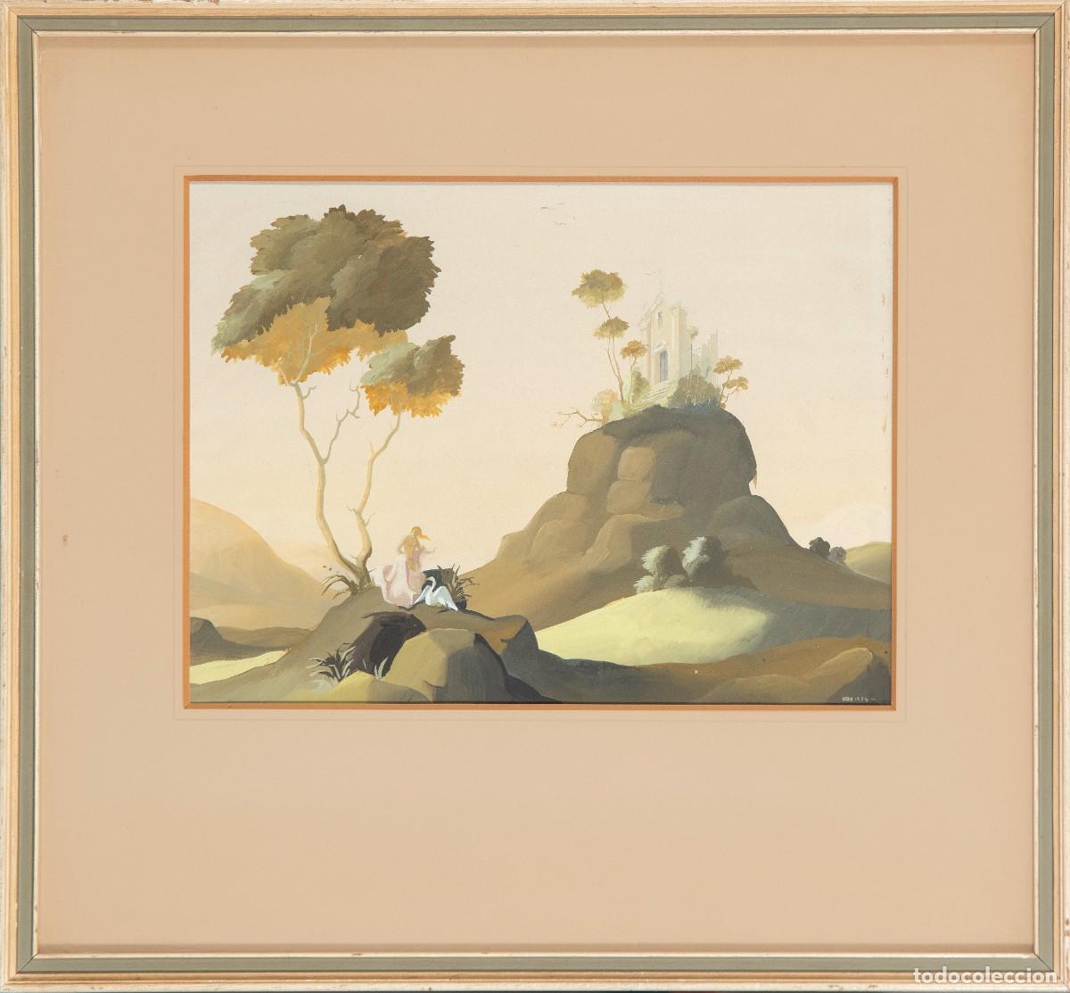 Arte: Acuarela paisaje con Leda y el Cisne de Hugh Boycott Brown firmado siglo XX