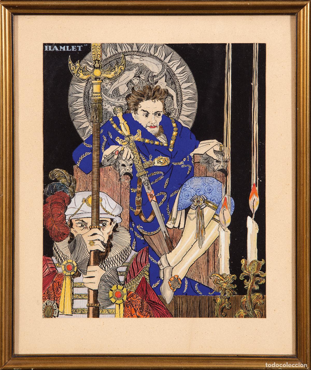Arte: El Rey en su trono acuarela sobre papel basada en ilustraci&oacute;n de John Austen para Hamlet hacia 1930