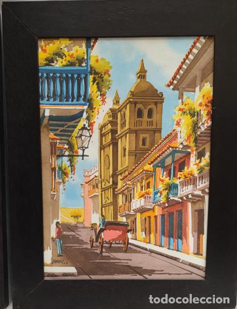 Arte: ACUARELA FIRMADA POR JAHHIK, CARTAGENA DE INDIAS COLOMBIA, ENMARCADA, 62,5 X 47,5 CM