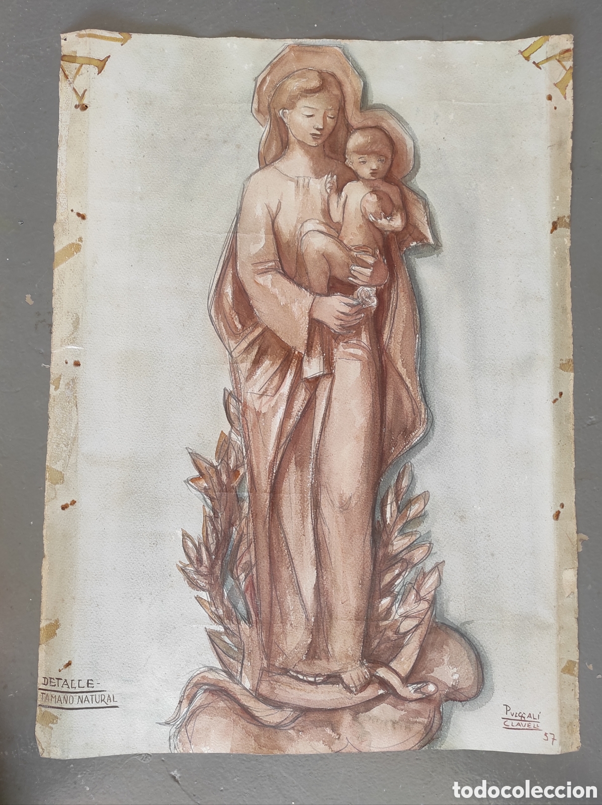 Arte: JORDI PUIGGAL&Iacute; CLAVELL &ndash; VIRGEN CON NI&Ntilde;O &ndash; ACUARELA / DIBUJO PREPARATORIO &ndash; 1957 &ndash; 64,5 x 47,5 CM