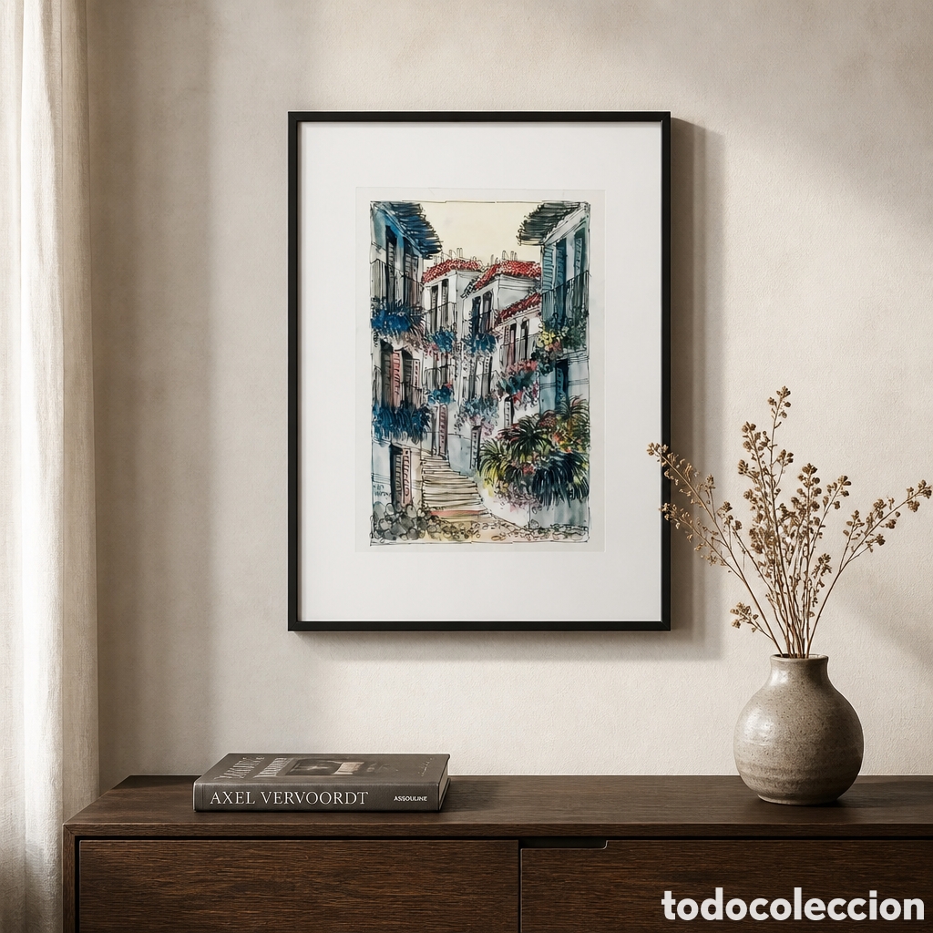 Arte: FRANCISCO MORENO ORTEGA . MALAGA . ACUARELA . MEDIDAS OBRA 28x18 cm. MARCO 40&times;30 cm