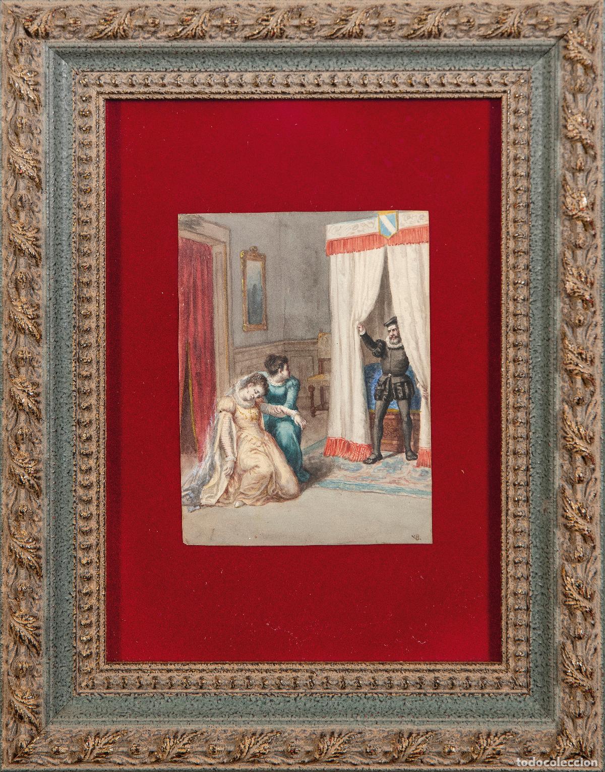 Arte: Escena de interior acuarela sobre papel Valeriano Dom&iacute;nguez B&eacute;cquer mediados del siglo XIX