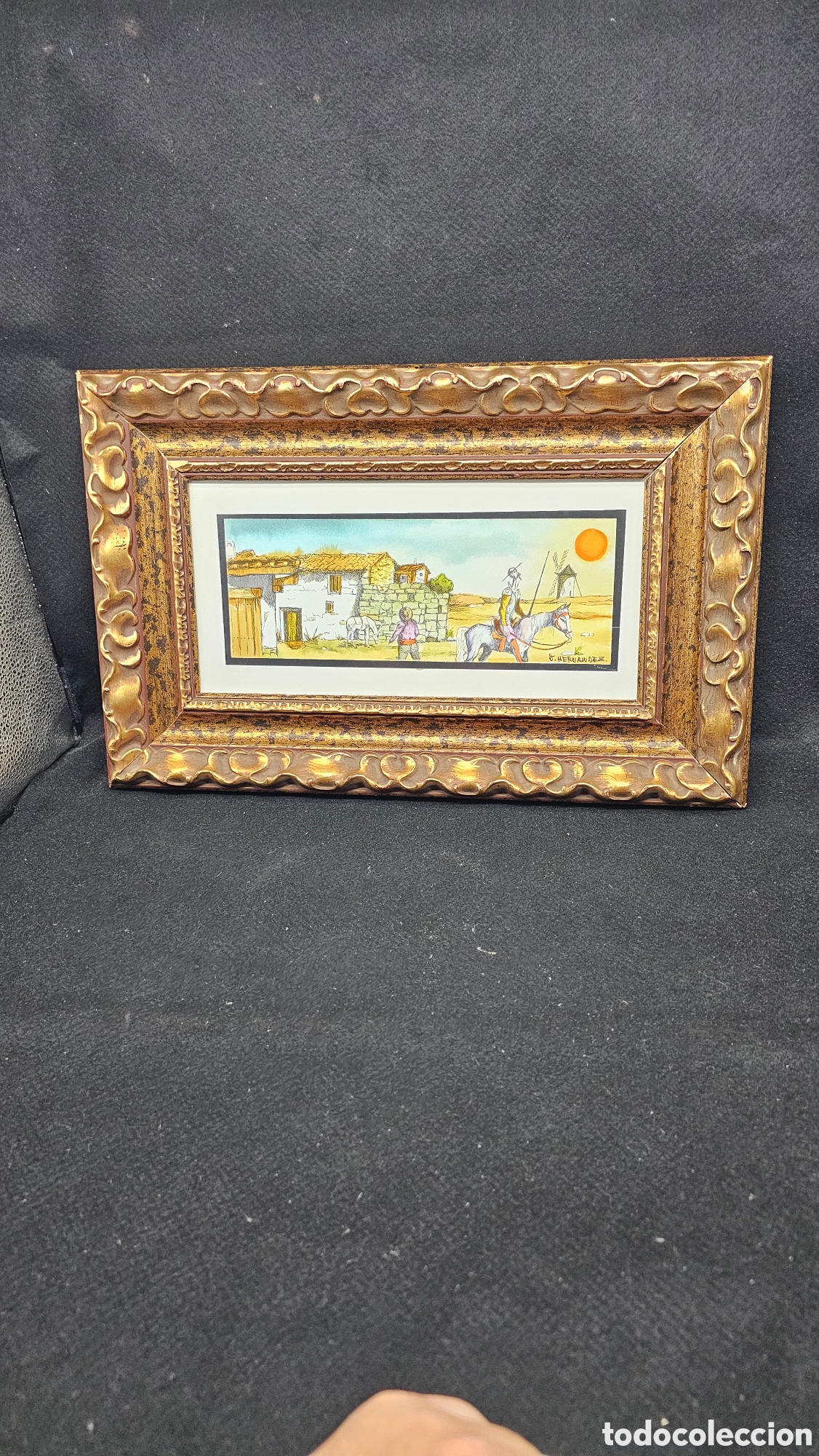 Arte: Pintura en acuarela del Quijote con bonito marco de madera