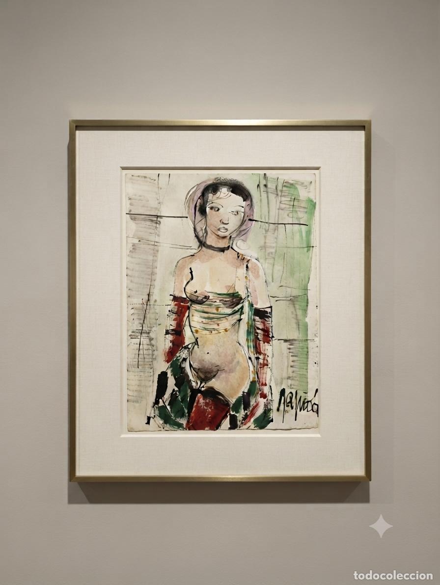 Arte: Desnudo femenino. Firma ilegible. Acuarela sobre papel