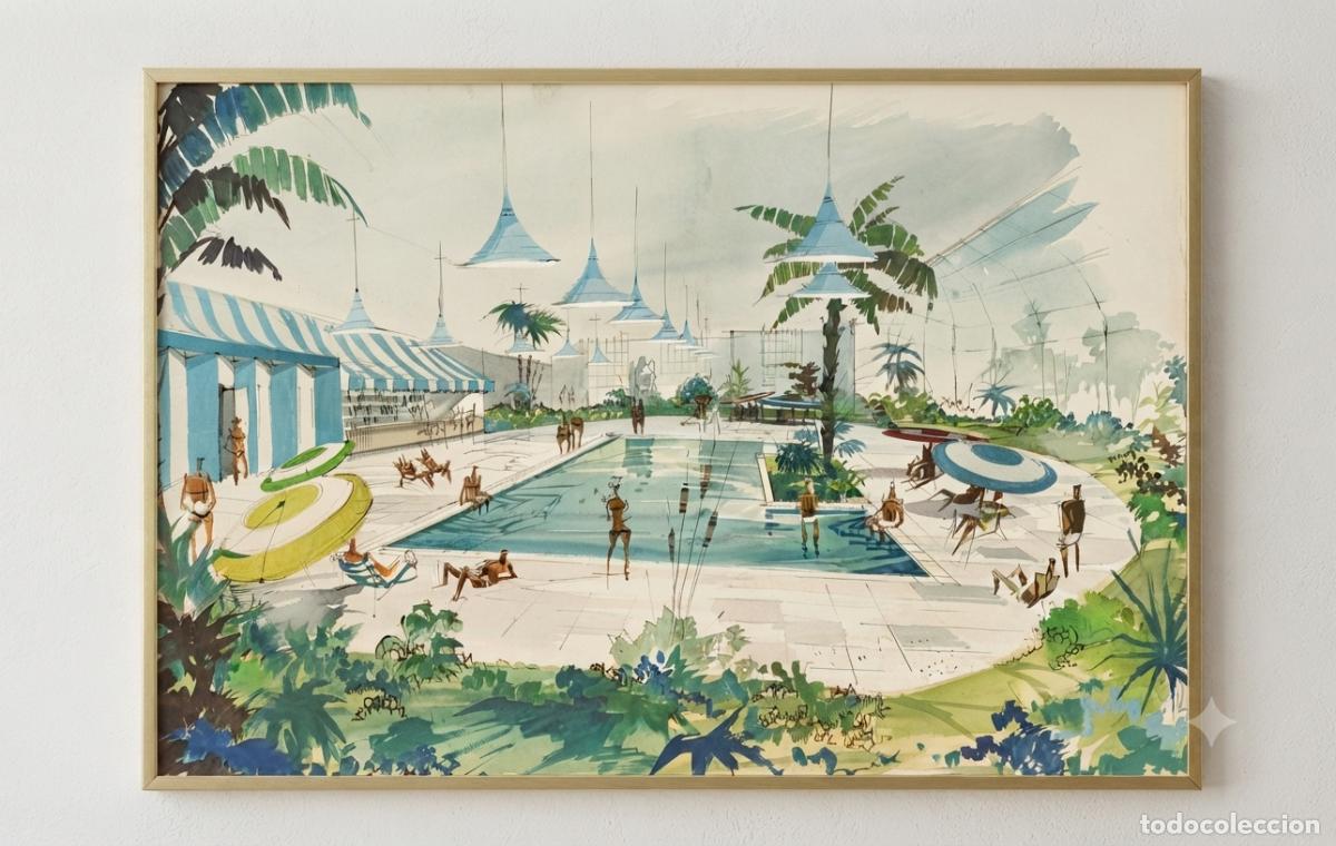 Arte: PROYECTO EXTERIORES PISCINA. ACUARELA. A&Ntilde;OS 70