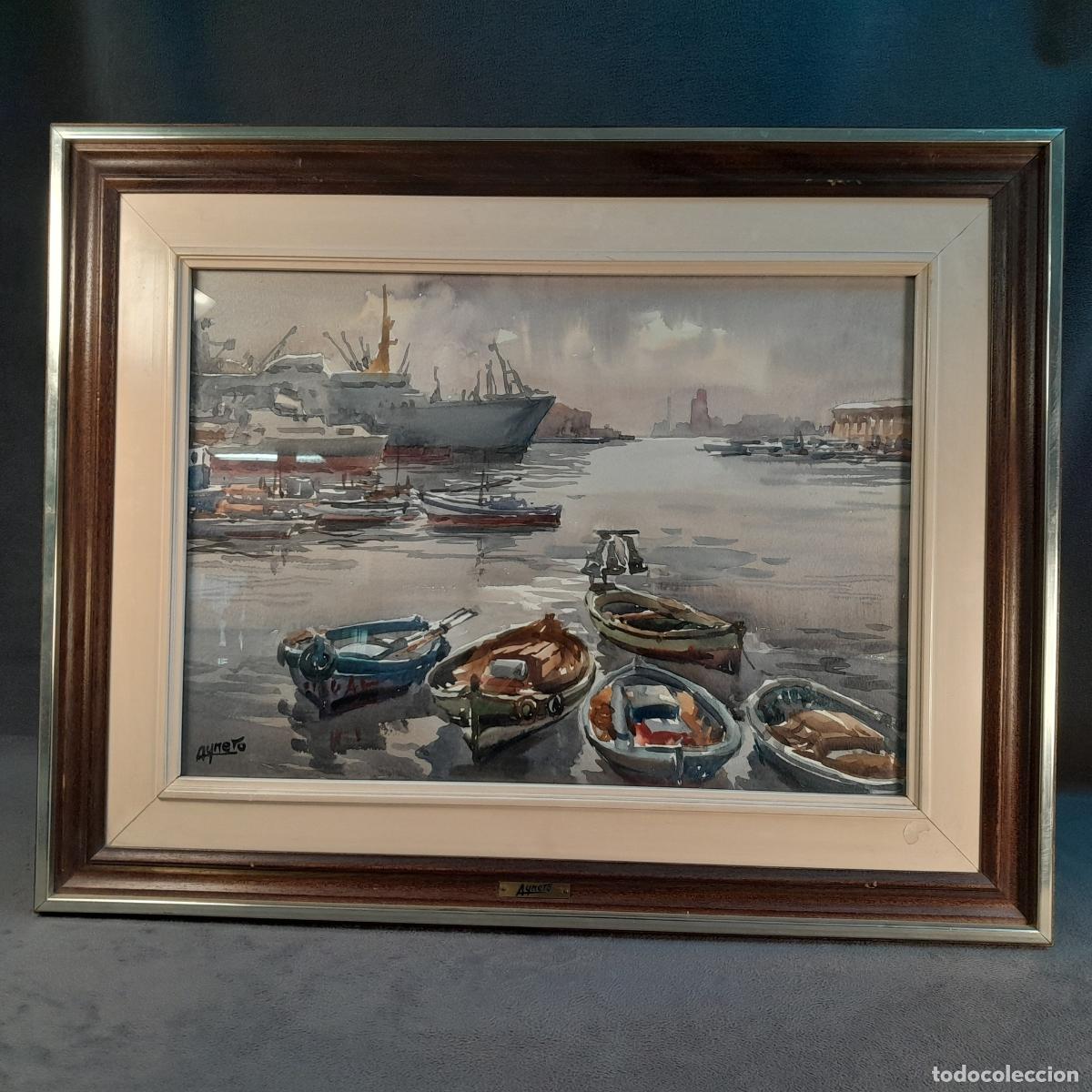 Arte: B-1941. PUERTO DE BARCELONA. ACUARELA SOBRE PAPEL FIRMADA POR JOS&Eacute; AYNETO G&Oacute;RRIZ. SIGLO XX