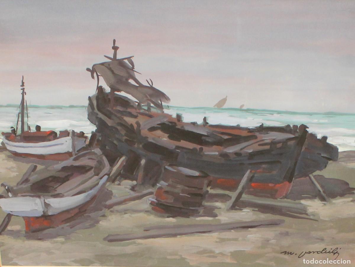 Arte: MIGUEL MARTINEZ VERCHILI (1898 - 1989) TECNICA MIXTA SOBRE PAPEL. BARCAS EN LA ORILLA DEL MAR