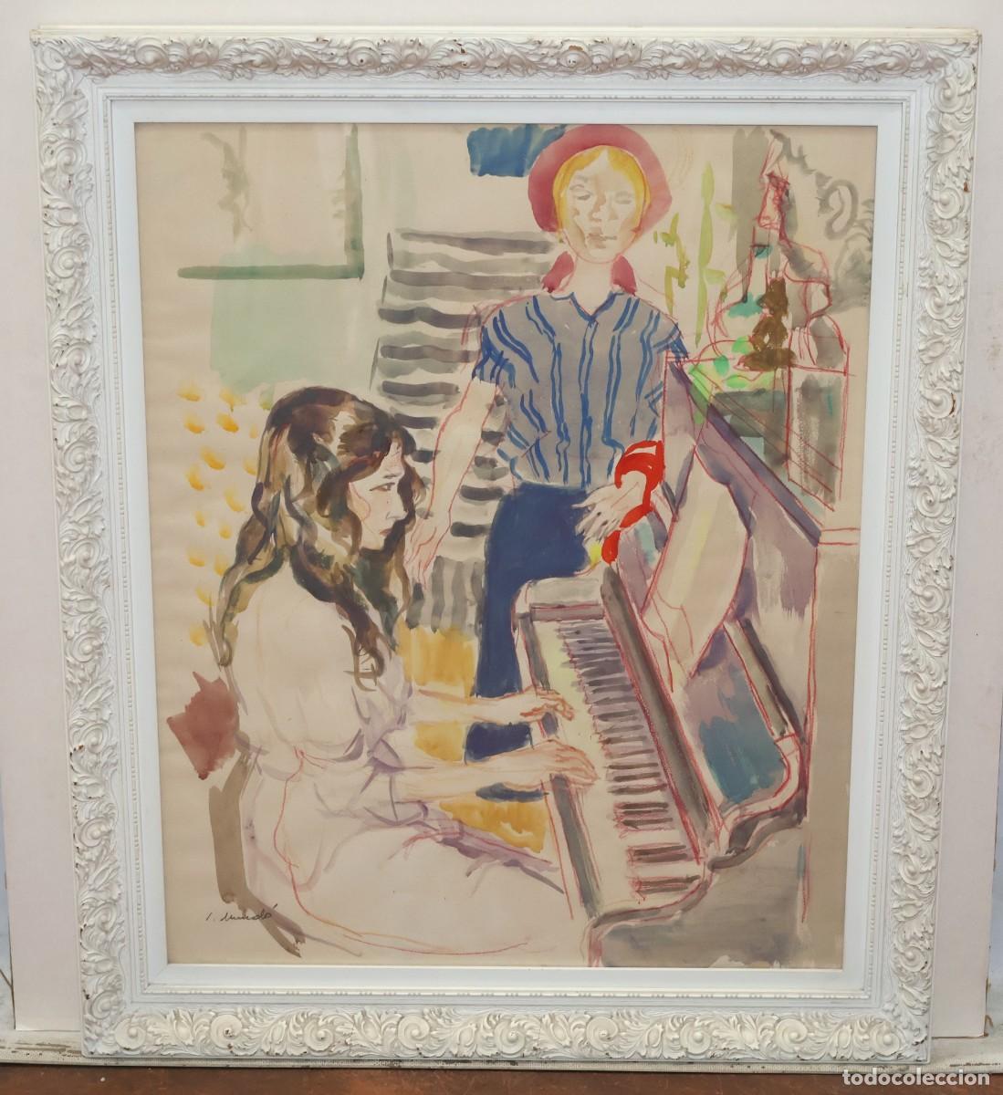 Arte: IGNASI MUND&Oacute; I MAR&Ccedil;ET (1819-2012) TECNICA MIXTA SOBRE PAPEL. LA LECCION DE PIANO