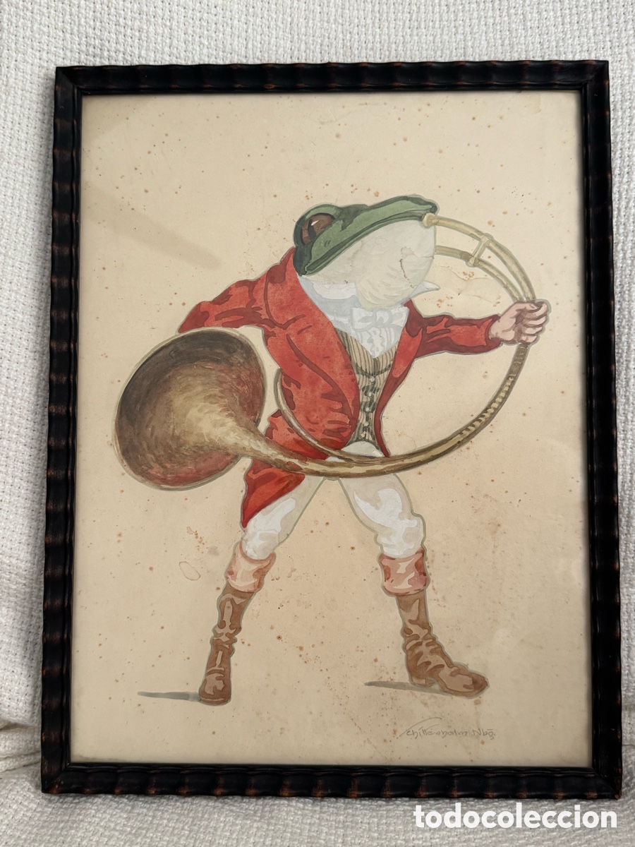 Arte: Acuarela original firmada Hugo Schittenhelm (1867-1937) &ndash; Rana con trompa de caza