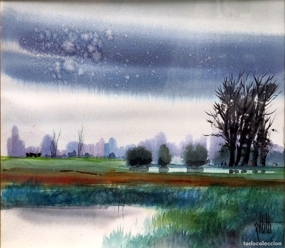 Arte: Acuarela de Ram&oacute;n Vilalta. Paisaje con &aacute;rboles y cielo nublado. 47x41 cm