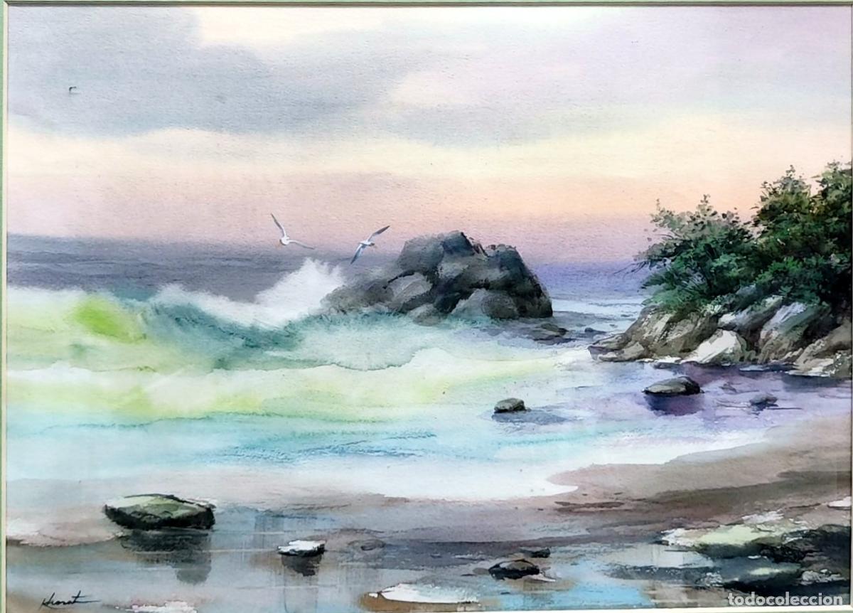 Arte: Acuarela mar y rocas. Paisaje costero firmado. 35,5 x 25,5 cm