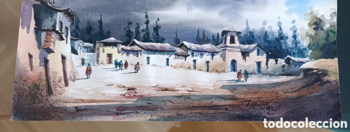 Arte: Acuarela Panor&aacute;mica Cusco Per&uacute; - Taller Chac&oacute;n (1995) - 32x12.5 cm