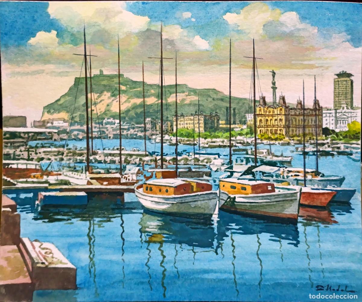 Arte: Acuarela puerto y embarcaciones de Dionisio. 27 x 22,5 cm