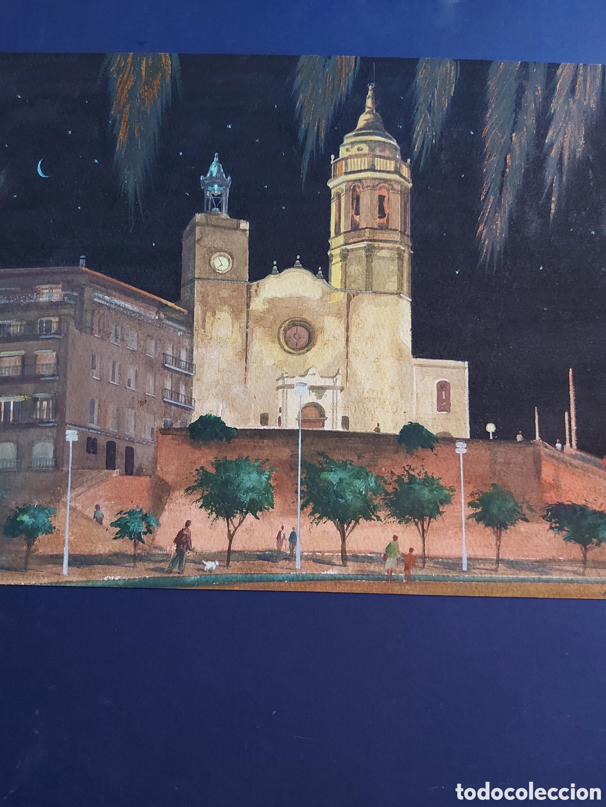 Arte: MANUEL FERRER &rdquo;PANORAMICA NOCTURNA DE LA IGLESIA DE SITGES&rdquo; ACURELA 1995