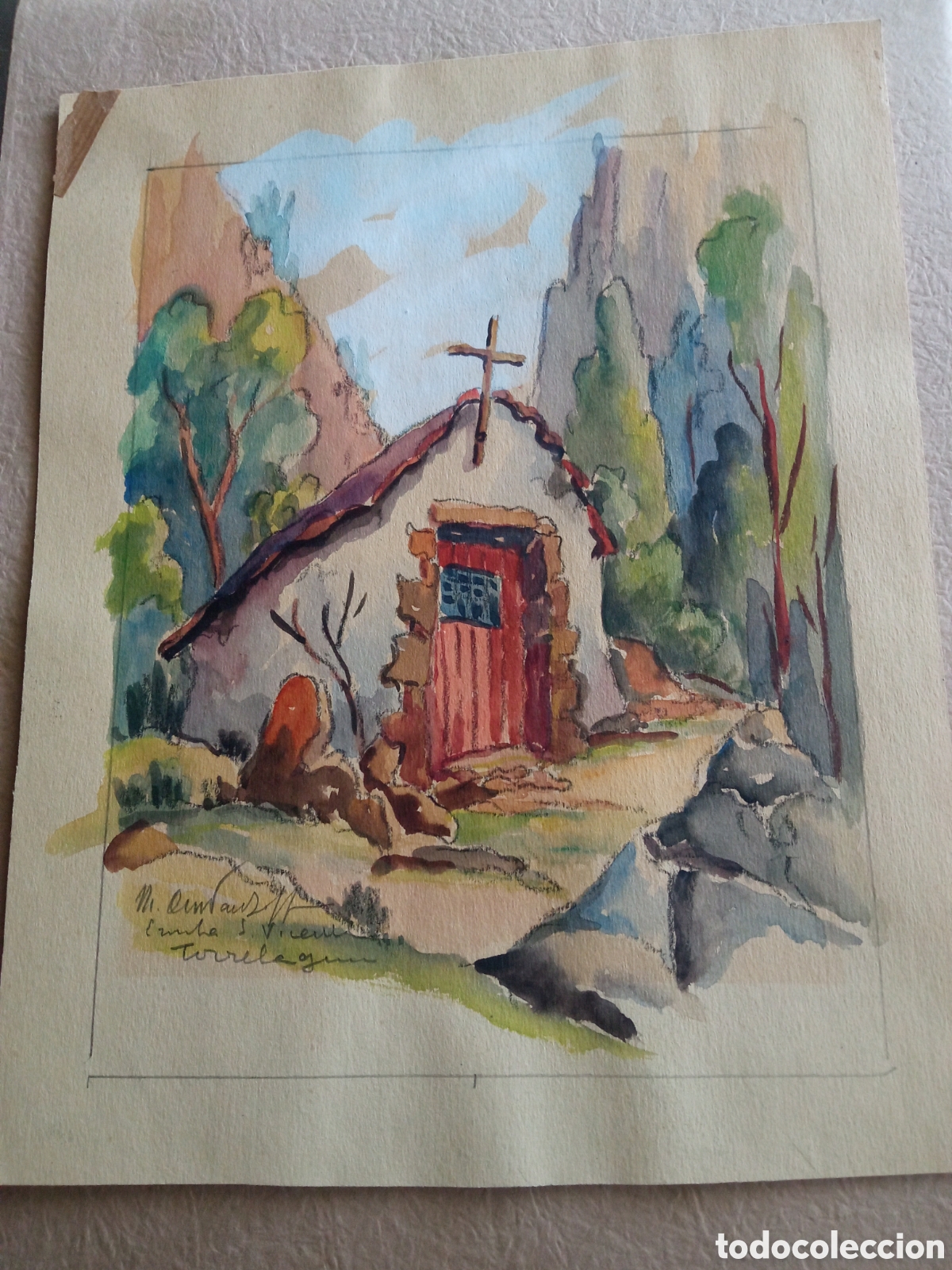 Arte: Antigua acuarela firmada, Ermita de San Vicente, Torrelaguna (Madrid) mide 25,3x20,2cm