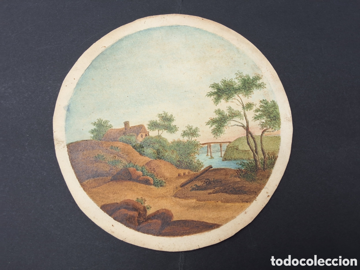 Arte: An&oacute;nimo. Paisaje con casa y puente.
