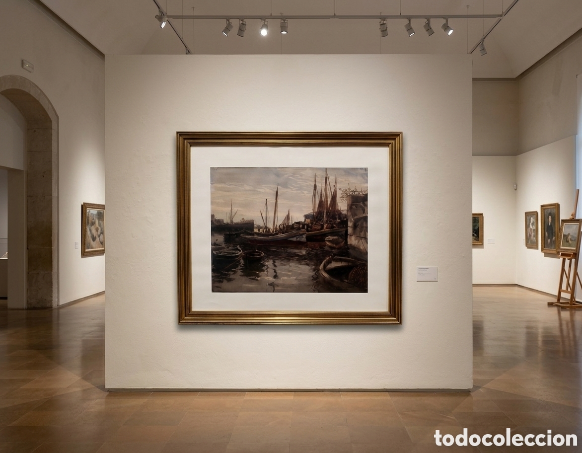 Arte: CEFERINO OLIV&Eacute; &ndash; MAGN&Iacute;FICA ACUARELA ORIGINAL &ndash; MARINA CON BARCOS &ndash; FIRMADA