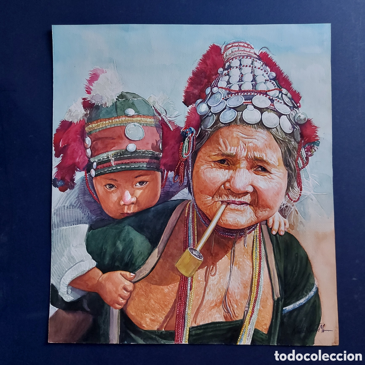 Arte: &rdquo;RETRATO MUJER TIBETANA CON SU HIJO&rdquo; ACUARELA